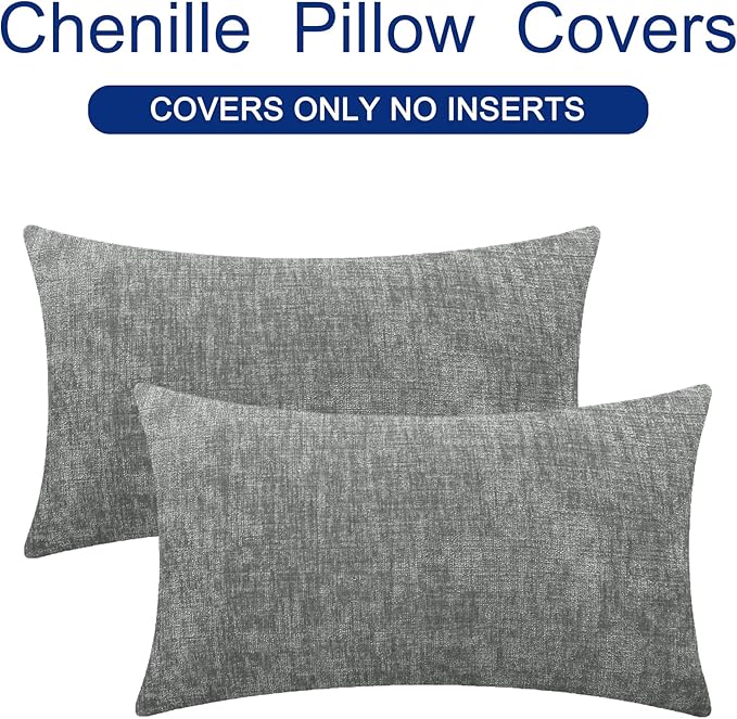 CaliTime Throw Pillow Covers Decorative 16 X 26 Inches Pack of 2 Cozy Chenille Cushion Cases for Couch Sofa Bed Living Room Home Medium Grey-Ruum Studio Home