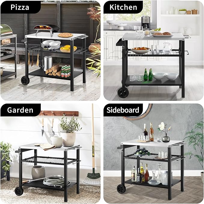 Grill Cart Table with Three Shelf, Movable Outdoor Dining Cart Pizza Oven Stand with Three Hooks, Kitchen Cart Island Multifunction Food Prep Table (Sliver)-Ruum Studio Home