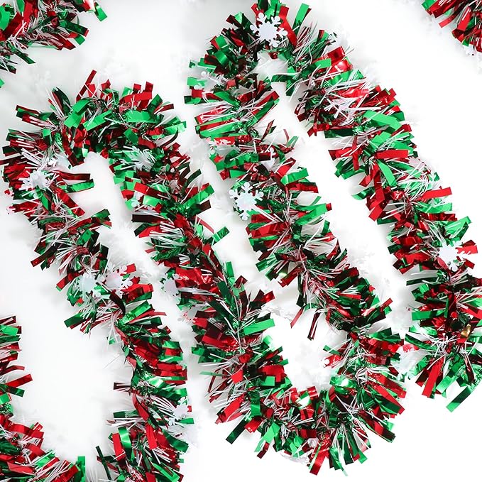 50 Feet Green Red Christmas Metallic Tinsel Twist Hanging Garland with Snowflake for Home Mantle Xmas Tree Staircase Railing New Year Holiday Party Indoor Outdoor Decorations-Ruum Studio Home
