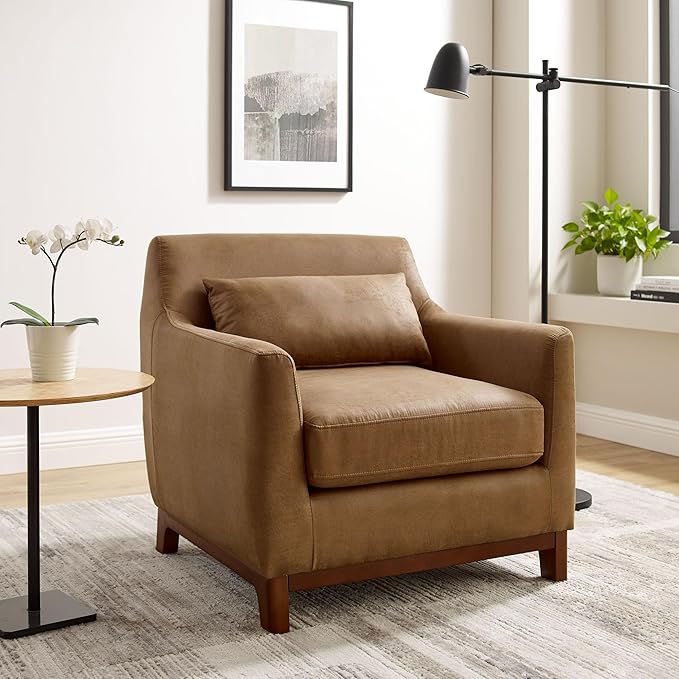 Extra Deep Accent Chair, Comfy Fabric Armchair with Wood Base, Upholstered Single Sofa Chair for Living Room & Bedroom, Faux Leather Brown-Ruum Studio Home