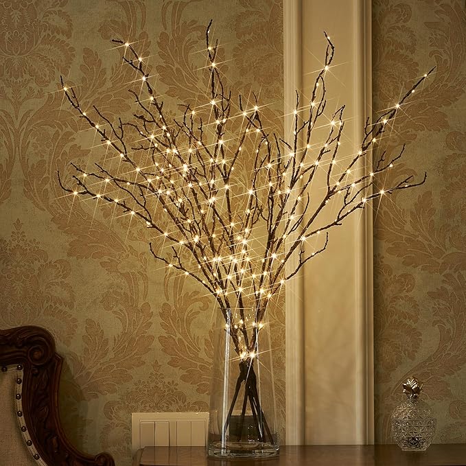 Fudios Lighted Branches Plug in 32IN 200 LED Mantle Winter Decor, Brown Twig Branch Lights for Christmas Holiday Party Indoor Outdoor-Ruum Studio Home