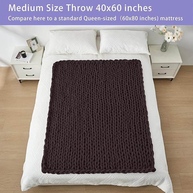 Bigacogo Chunky Knit Throw Blanket for Couch, 40x60 inches, 100% Hand Knitted with Thick Jumbo Chenille Yarn, Cozy Soft Large Rope Knot Cable Crochet Blankets for Sofa Bed Living Room, Chocolate-Ruum Studio Home