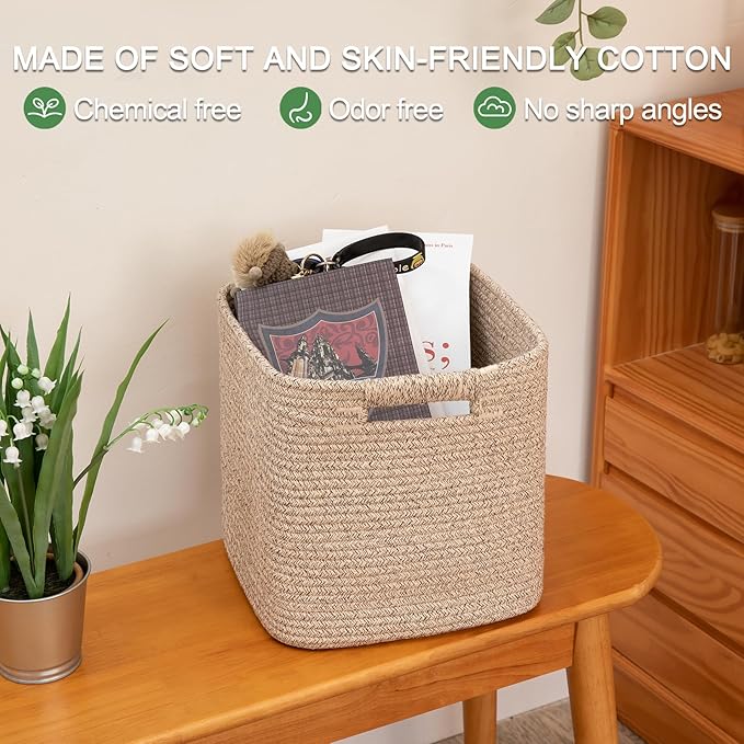 OIAHOMY Storage Cubes 11 Inch Storage Bins-3-Pack, Cotton Rope Woven Baskets for Organizing, Square Storage Baskets for Shelves Organizer, Classroom, Kids Toy Bins, Closet, Baby Nursery-Brown-Ruum Studio Home