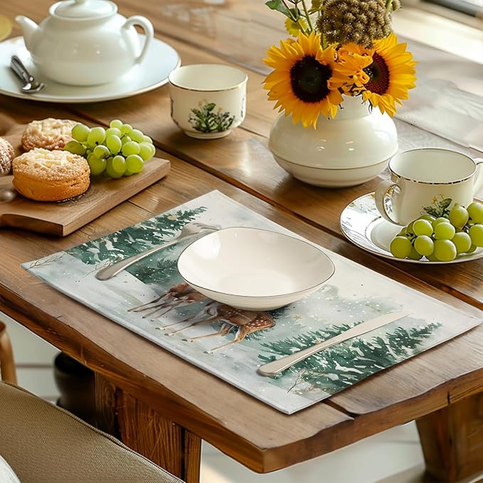 Christmas Watercolor Deer Trees Snowflakes Placemats Set of 4 Winter Rustic Nature Forest Linen Table Mat 12x18 Inch Seasonal Farmhouse Washable Place Mats for Dining Table Kitchen Xmas Decor-Ruum Studio Home