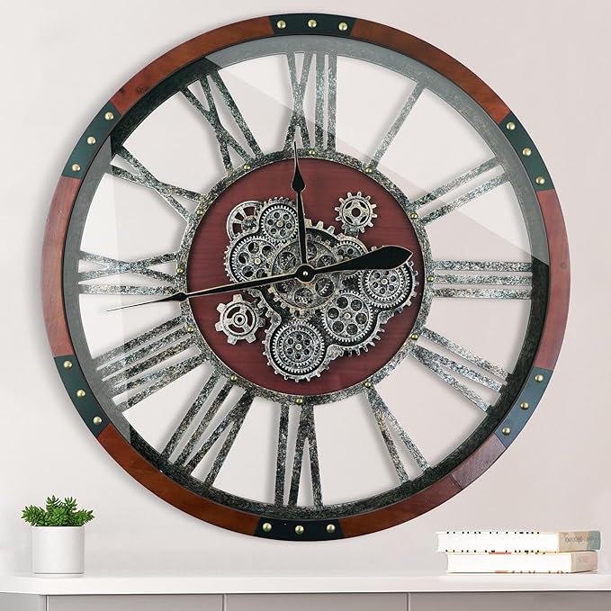 Large Wall Clock for Living Room Decor, 27 Inches Oversized Vintage Wood Decorative Steampunk Farmhouse Wall Clock for Rustic, Retro, Industrial,Kitchen,Office,Working Gears-Ruum Studio Home
