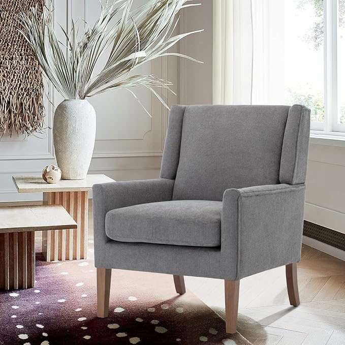 COLAMY Modern Wingback Living Room Chair, Upholstered Fabric Accent Armchair, Single Sofa Chair with Lounge Seat and Wood Legs for Bedroom/Office/Reading Spaces, Gery-Ruum Studio Home