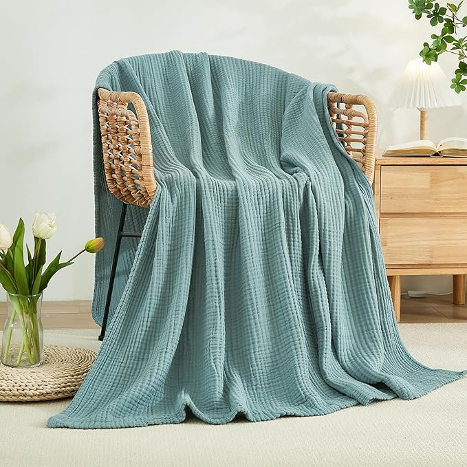 EMME Cotton Blanket Twin XL for Bed Soft Muslin Blankets 66"x90" Lightweight Breathable Layering Bedspread Coverlet All Season Gauze, Teal-Ruum Studio Home