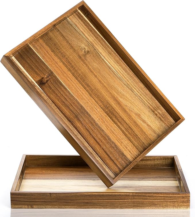 YOUEON 2 Pack Large Acacia Wood Serving Tray with Handles, 17x12 Inch Decorative Wood Trays for Serving Food, Party, Rectangle Ottoman Tray, Coffee Table Trays for Bed, Living Room, Kitchen-Ruum Studio Home