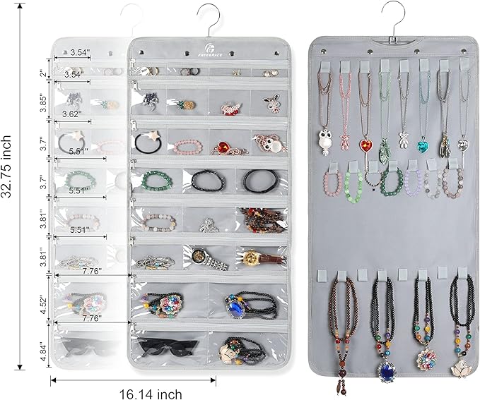 Freegrace Hanging Jewelry Organizer Revolving Hanger - Secure Zipper Closure - 25 Pockets,23 Hooks - Foldable Storage & Display Solution - For All Jewelry & Bijoux (Gray)-Ruum Studio Home