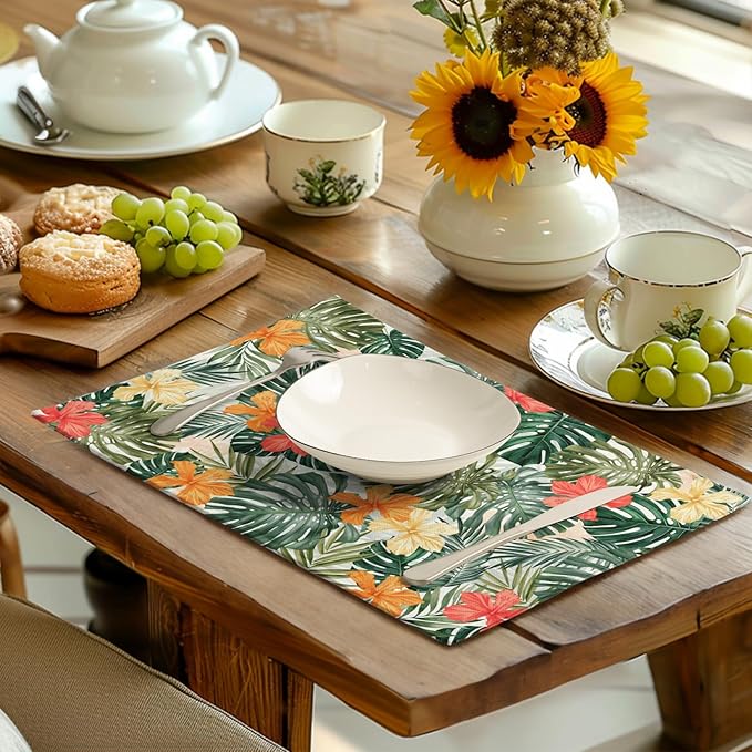 Tropical Palm Leaves Table Mats Set of 4 Summer Watercolor Hibiscus Flower Leaf Placement Mats for Dining Table Washable Non-Slip Heat Resistant Linen Place Mat 12×18 Inch-Ruum Studio Home