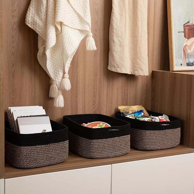 Storage Baskets for Organizing 3 Pack, Woven Baskets for Shelves, Closet Organizer Bins Empty Gift Basket Toy Storage for Toys, Books, Towels, Clothes, 15"x11.42"x6.7", Black & Yellow-Ruum Studio Home