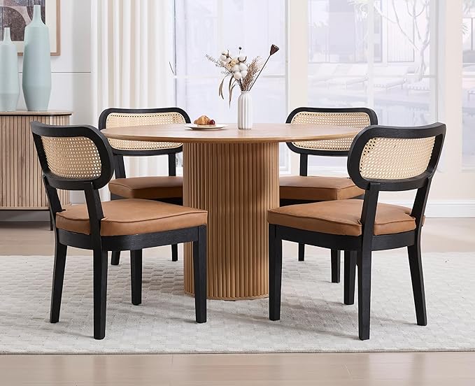 EALSON Mid Century Modern Rattan Dining Chairs Set of 4 Farmhouse Black Wood Kitchen Chairs with Cane Back Leather Upholstered Accent Armless Chairs for Dining/Living Room Restaurant, Brown-Ruum Studio Home