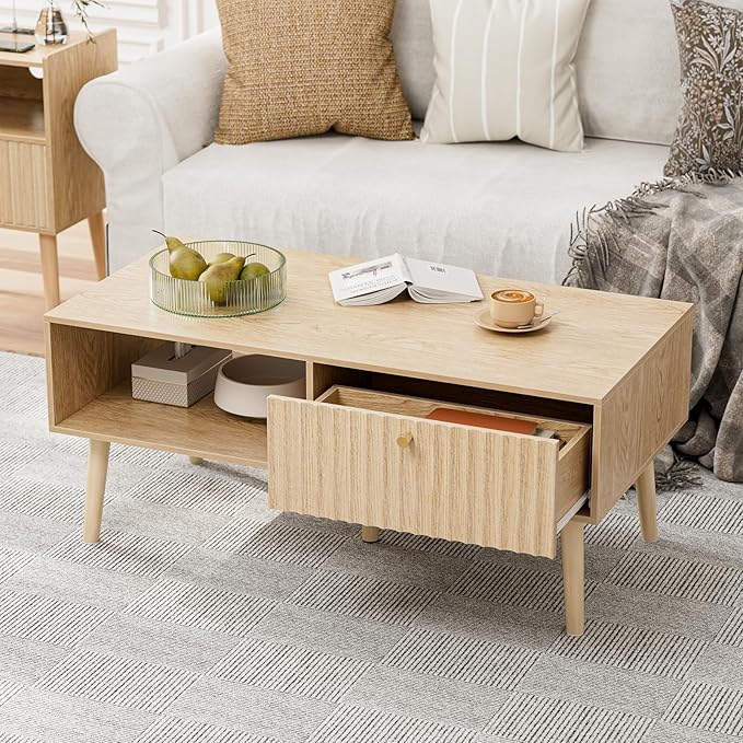Coffee Table with Storage, Boho Dining Table with Fluted Drawer and Solid Wood Legs, Small Coffee Tables for Living Room, Oak-Ruum Studio Home