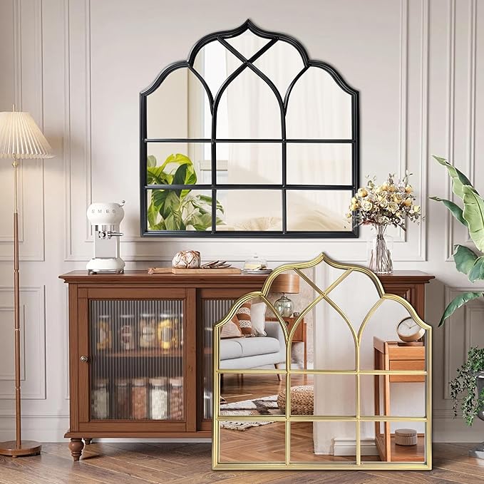 Window Mirror Pane, Black Metal Frame, Cathedral Arched Wall Mirrors Decorative Over Fireplace Mantel, Farmhouse Decorations for Dining Living Room Hallway Entryway-Ruum Studio Home