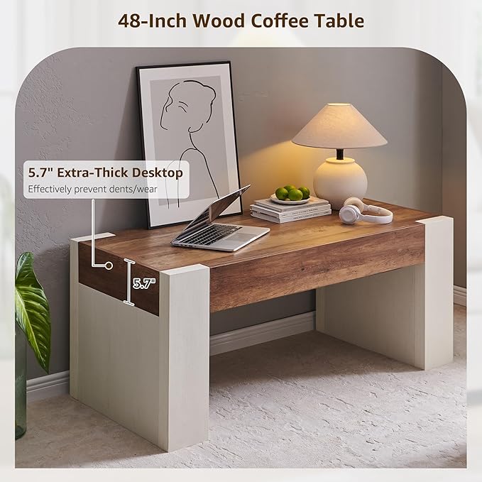 OKD 48" Modern Farmhouse Coffee Table, Wooden Living Room Table with Hidden Storage Drawer, Rustic Rectangular Center Tables with Wood Thick Design for Living Room, Office, Antique White-Ruum Studio Home