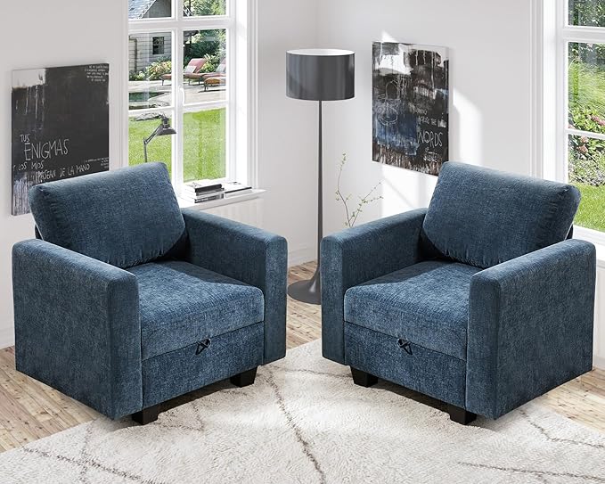38.5 Oversized Accent Chair with Storage Blue Chenille, Single Modern Accent Sofa Chair with Arms for Apartment Living Room (21" Deep Seat)-Ruum Studio Home