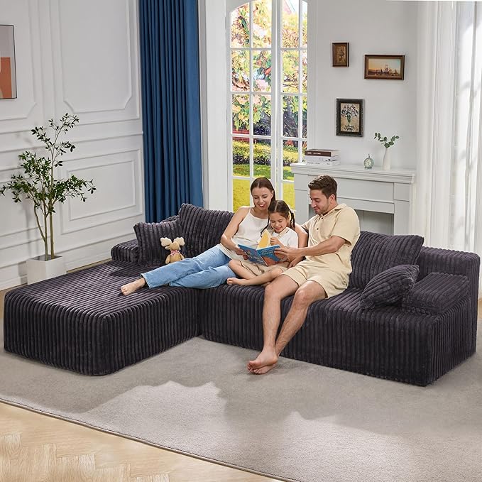 Hobestluk Modular Sectional Sofa Couches 108" L-Shape Couch 3 Seat Modular Sofa Memory Foam Sectional Couches for Living Room, Boneless Couch with Oversized Chaise (Grey, Left Facing)-Ruum Studio Home