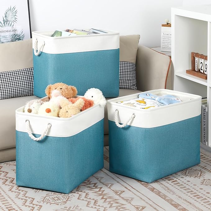 Bidtakay Extra Large Storage Baskets for Shelves 3 Pack Fabric Storage Bins for Organizing Linen Collapsible Organizer for Closet-White&Teal-Ruum Studio Home