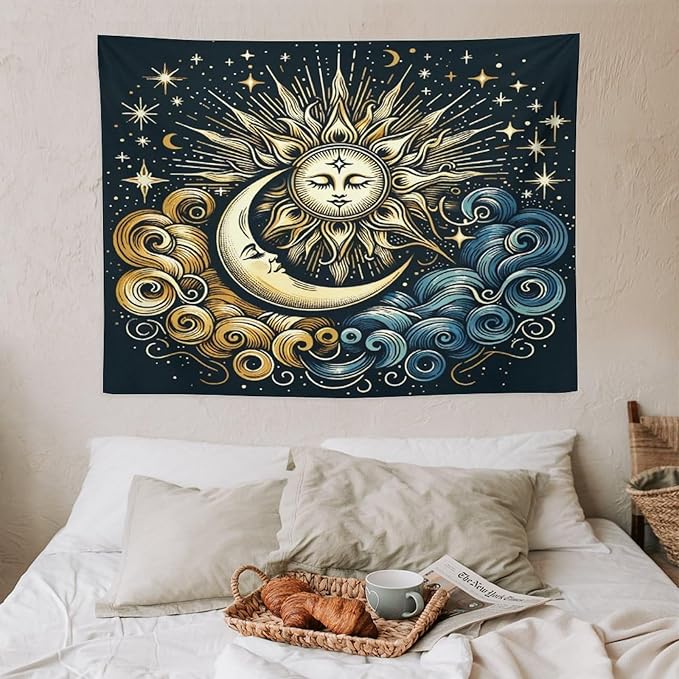 HZOHNAGO Sun Moon Tapestry Boho Golden Stars Pattern Printed Wall Tapestry Wall Hanging for Bedroom Living Room Dorm 40" W x 30" H-Ruum Studio Home