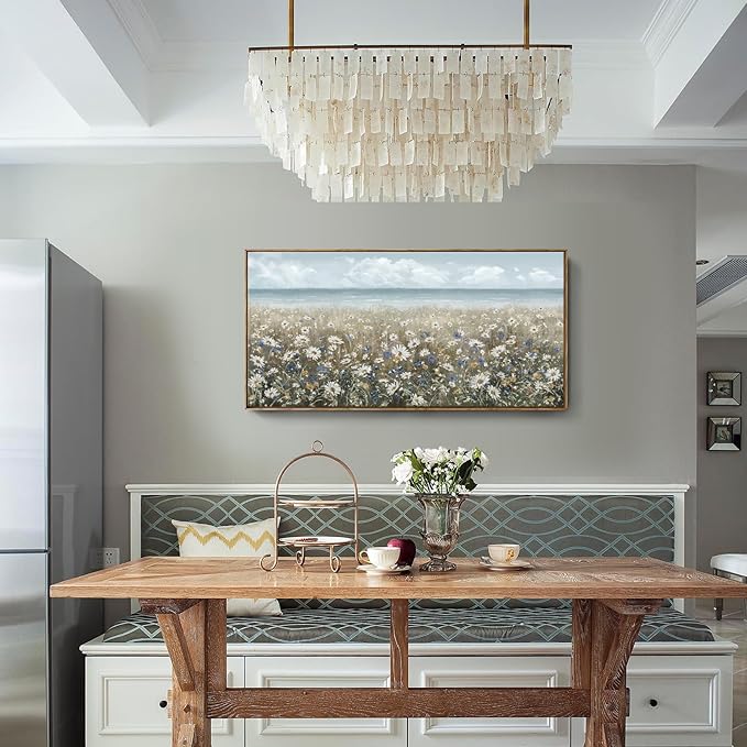 amatop Large Wall Art for Living Room Framed Boho Beach Coastal Floral Ocean Wall Picture Farmhouse Daisy Flower Sea Canvas Print Nautical Neutral Vintage Warm Artwork Home Bedroom Office Decor 48x24-Ruum Studio Home