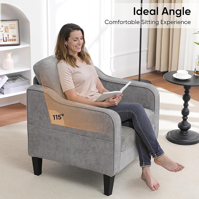 Accent Chairs Set of 2, Upholstered Living Room Chairs with Side Pockets, Mid Century Modern Reading Chair for Bedroom, Comfy Armchair Single Sofa Side Chair for Office, Small Room, Light Grey-Ruum Studio Home