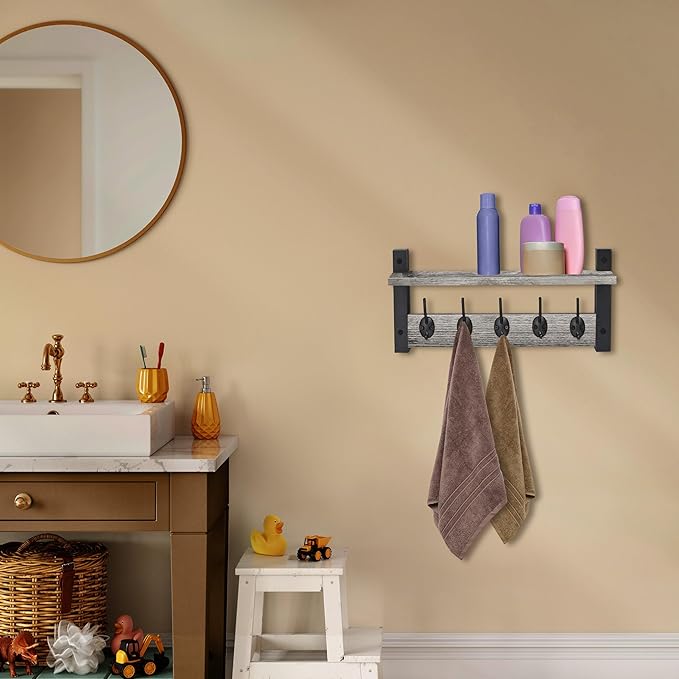 Sorbus Coat Hooks Wall Mount with Shelf – 16 Inch Coat Rack Wall Mount with 5 Heavy Duty Hooks – Floating Wall Shelf with Hooks for Entryway, Bathroom, Bedroom, Kitchen, or Mudroom (Gray)-Ruum Studio Home