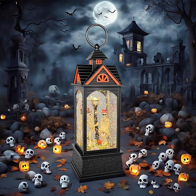 Halloween Snow Globe Lantern, Spooky Ghost Halloween Decor, Plug-in & Battery Operated Snow Globes for Halloween Decorations Indoor-Ruum Studio Home