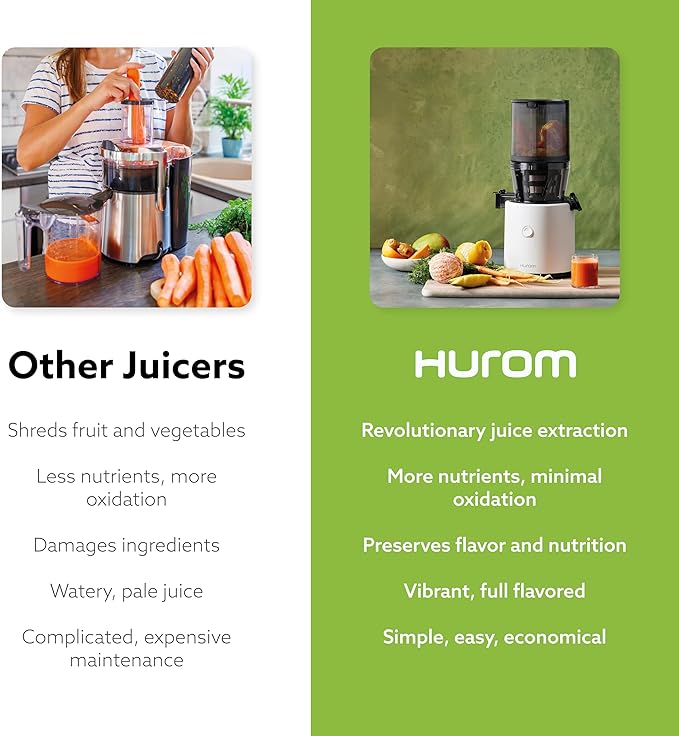 Hurom H320 Cold Press Juicer Machine, Easy to Clean Masticating Slow Juicer, Coarse Strainers, Self-Feeding, Hands Free, Family Size, Quiet Motor, Easy Assembly (White)-Ruum Studio Home