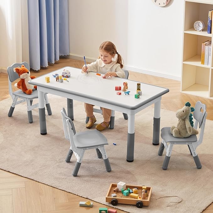 Kids Study Table and Chairs Set, Height Adjustable Toddler Table and Chair Set for Kids Ages 3-8, Graffiti Desktop (Grey)-Ruum Studio Home