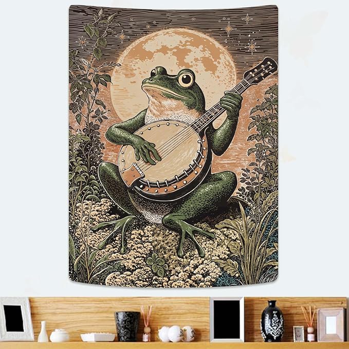Lunerfex Moonlit Banjo Frog Wall Tapestry, Whimsical Amphibian Musician Tapestries for Room Decor, Folk Art Tapestry 44L x 60W-Ruum Studio Home