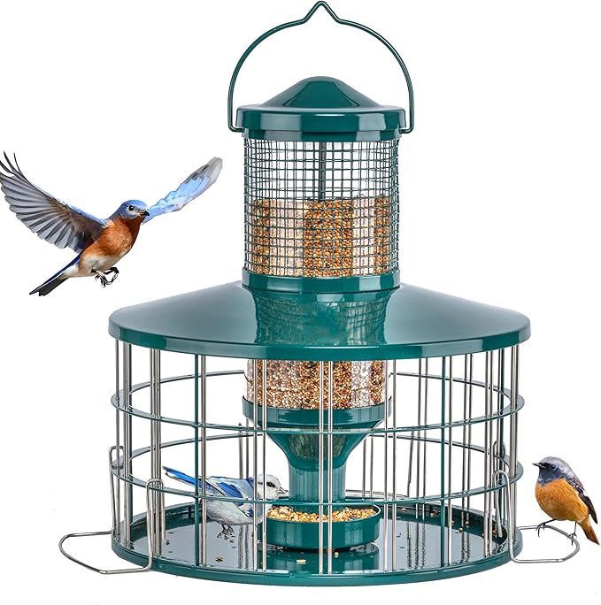 Upgraded Caged Bird Feeders Squirrel-Proof, Flexible Adjustment of Grille Size, 3 Lbs Seed Capacity, DIY Starling-Proof Caged Tube Hanging Wild Bird Feeder, Attract Small Birds(Deep Green)-Ruum Studio Home