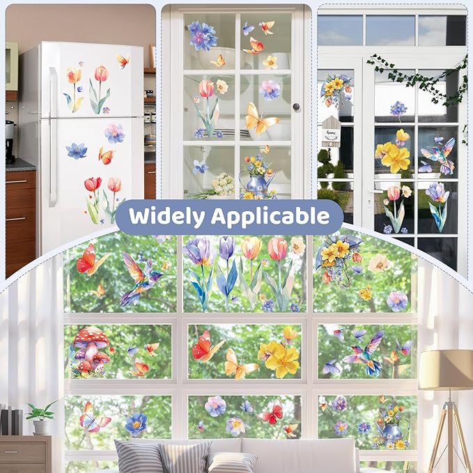 DC-BEAUTIFUL 116 PCS Spring Window Clings, 9 Sheets Double-Sided Hummingbird Butterfly Flower Easter Window Stickers, Reusable Static Floral Window Decals for Home School Office Party Decors-Ruum Studio Home