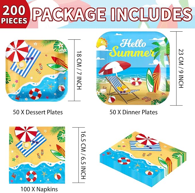 Grencian 200Pcs Beach Party Supplies Hello Summer Party Plates and Napkins Disposable Summer Pool Paper Tableware Set for Hawaiian Beach Pool Birthday Baby Showe Decorations, Serves 50-Ruum Studio Home