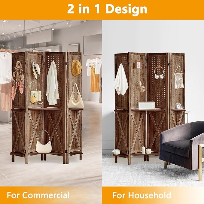 4 Panel Pegboard Display with 16 Hooks, Wooden Pegboard Room Divider Wall with Shelf, Rustic Room Dividers and Folding Privacy Screens, Bedroom, Jewelry Store, Brown-Ruum Studio Home