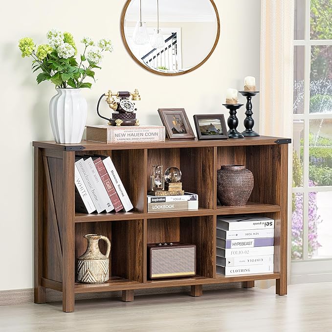 Farmhouse 6 Cube Book Shelf, Wood 3 Tier Storage Organizer Bookshelf, Brown Walnut 47" Horizontal Cubby Bookcase with Legs, Rustic Entryway Book Case, Long Display Cabinet for Bedroom, Office-Ruum Studio Home