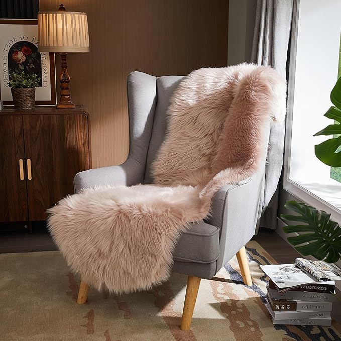 AMTOVO Faux Sheepskin Rug, Pink Ultra Soft Fluffy Shag Area Rug, 2 x 6 ft Faux Fur Rug for Bedroom Sofa Throw Cushion Room Decor, Sheepskin-Ruum Studio Home