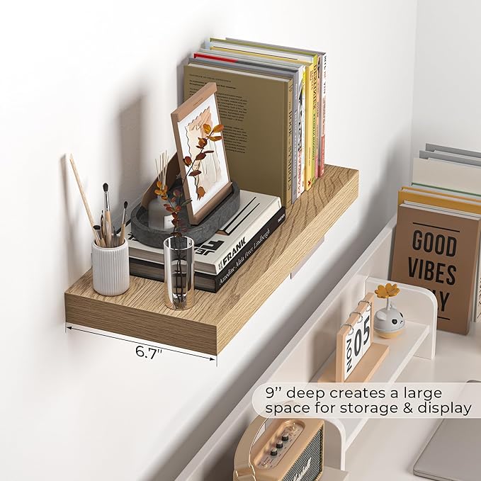 Fun Memories Floating Shelves - 16 Inch Wall Shelf for Decor & Storage - Wall Mounted Display Shelving with Invisible Heavy Duty Metal Bracket 2Pack, Oak-Ruum Studio Home