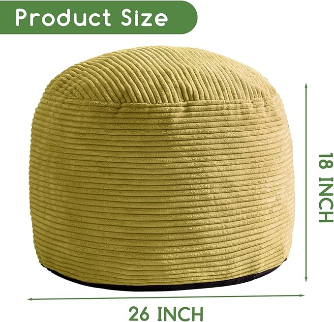 HIGOGOGO Round Stuffed Pouf Ottoman, Corduroy Poufs with Foam Chunk Filling, Furry and Fluffy Pouf Foot Stool Storage Ottoman, 26 X 18 Floor Poufs Foot Rest for Living Room, Green-Ruum Studio Home