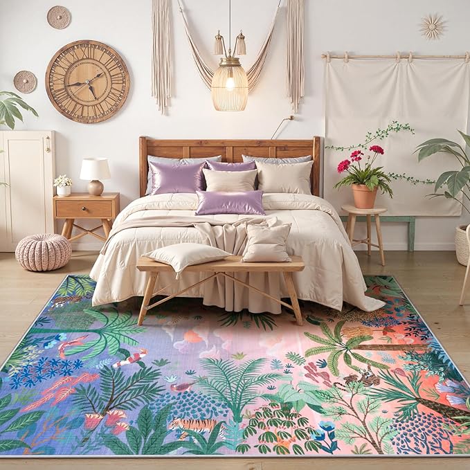 LIVEBOX Machine Washable Area Rugs 8x10 Lavender Girls Bedroom Rug, Soft Ultra-Thin Nursery Girl Carpet for Living Room, Jungle Purple Rugs for Girls Room, Lilac Rug for Nursery Room-Ruum Studio Home