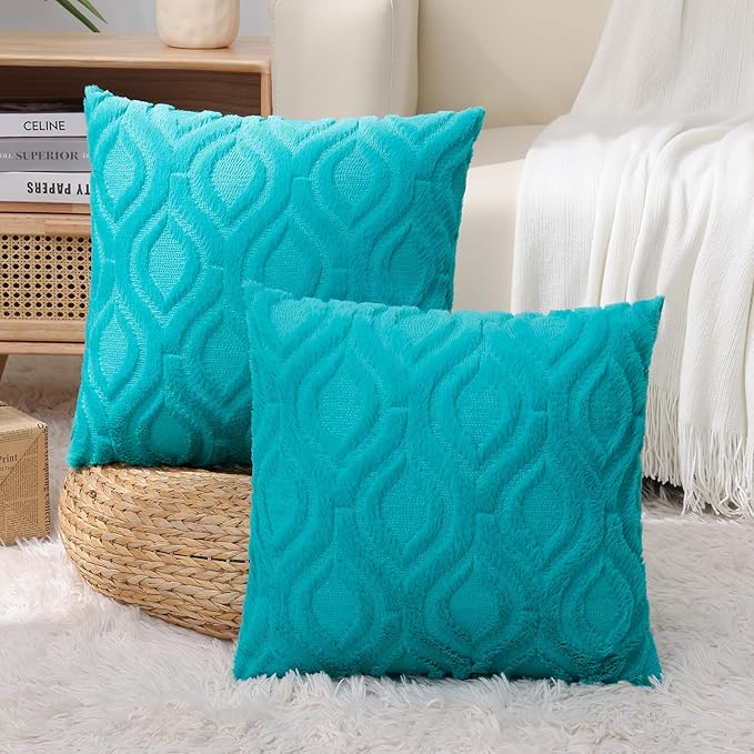 decorUhome Fall Throw Pillow Covers 18x18 Inch Set of 2, Soft Plush Decorative Faux Fur Turquoise Solid Couch Pillow Covers, Accent Farmhouse Neutral Square Euro Pillow Cases for Sofa Bed Living Room-Ruum Studio Home