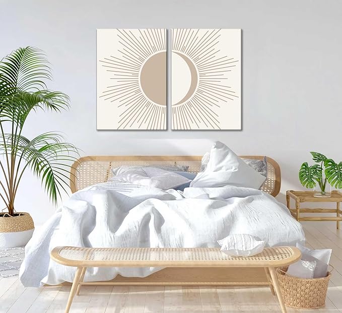 2Pcs Minimalism Boho Canvas Wall art Mid Century Modern Beige and White Sun and Moon Geometric Abstract Painting Pictures Wall Decor Posters Print Artwork for Bedroom Living Room Decoration-Ruum Studio Home
