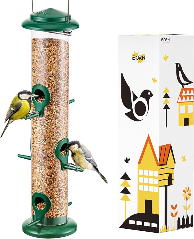 iBorn Metal Bird Feeders 6 Ports Hanging Wild Bird Seed Feeder for Mix Seed Blends, Niger Seed Feeder, Sunflower Heart, Birdbath, Heavy Duty All Metal Green Finishing 14 Inch 6Port-Ruum Studio Home
