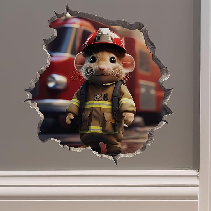 Firefighter Mouse in Mouse Hole Decal - Mouse Hole 3D Wall Sticker-Ruum Studio Home