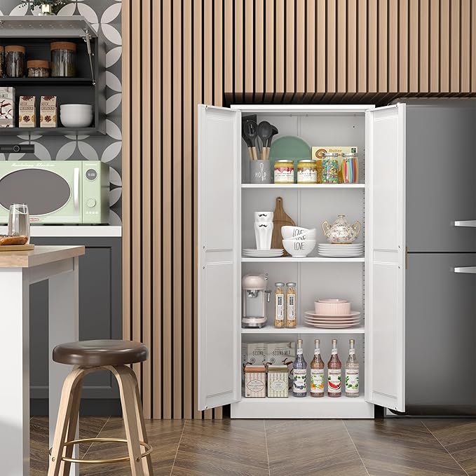 Kitchen Cabinet Storage,60”Metal Pantry Cabinet with Doors and 3 Adjustable Shelves,Food Pantry Cabinets with 2 Gold Handles,White Tall Storage Cabinet for Livingroom,Pantry,Bathroom,Kitchen-Ruum Studio Home