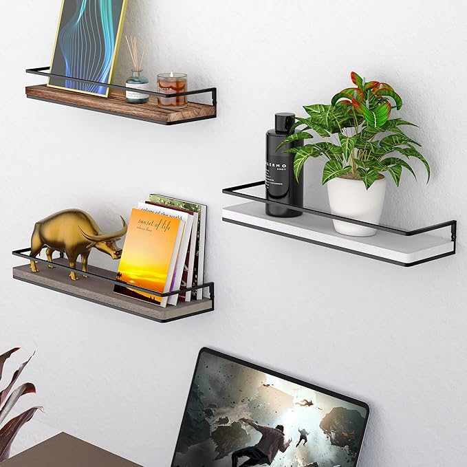 Meangood Floating Shelves Wall Mounted Set of 2, Rustic Wood Wall Storage Shelves for Bedroom,Living Room,Bathroom, Kitchen (White)-Ruum Studio Home