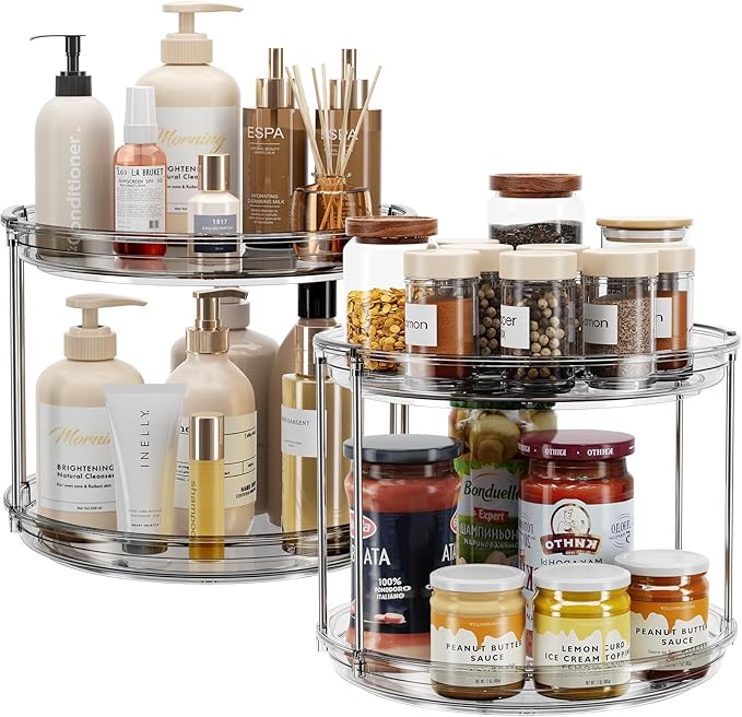 LAMU 2 Pack 2 Tier Lazy Susan Turntable Organizer 9.25'' Rotating Spice Rack Organization for Cabinet, Kitchen, Pantry, Countertop, Bathroom, Vanity, Medicine Cabinet Organizer, Grey-Ruum Studio Home