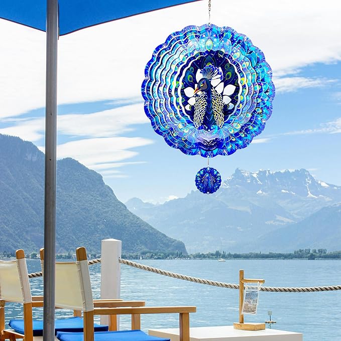 Peacock Gifts for Women, Peacock Wind Spinner Garden Decor, 12 inch 3D Hanging Wind Spinners Outdoor-Ruum Studio Home