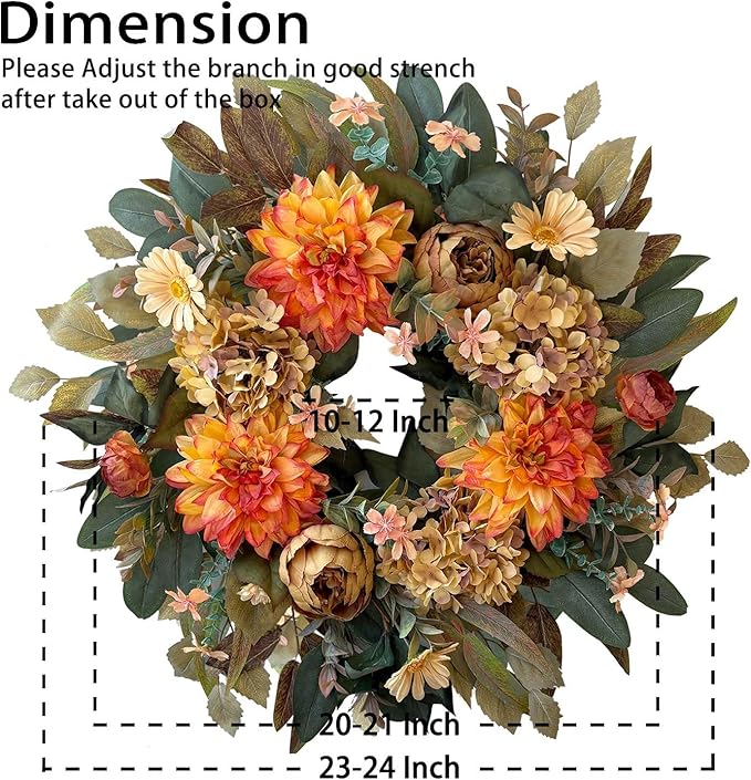 WANNA-CUL 24 Inch Spring Fall Wreaths for Front Door,Fall Wreath with Orange Hydrangea&Peony and Dahlia Flowers-Fall Decoration for Home-Large Fall Decor Door Wreath for Autumn,Harvest-Ruum Studio Home