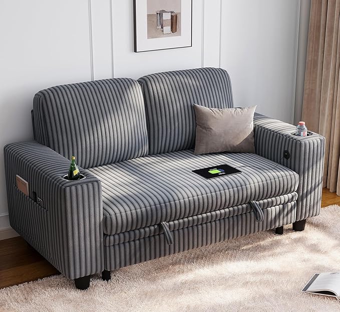 LINSY HOME Loveseat Sofa with Storage - Comfy Plush Corduroy 2 Seater Sofa with USB Charging & Cup Holders, Deep Seat Love Seat for Small Spaces Living Room Bedroom Apartment, Grey-Ruum Studio Home