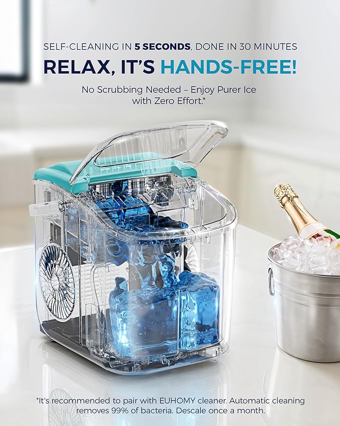 EUHOMY Countertop Ice Maker Machine with Handle, 26lbs Per Day, 9 Ice Cubes Ready in 6 Mins, Auto-Cleaning Portable Ice Maker with Basket and Scoop, for Home/Kitchen/Camping/RV (Green)-Ruum Studio Home
